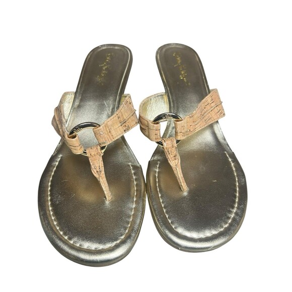 Lilly Pulitzer McKim Wedge Sandals Size 10 Metallic Gold Leather Cork Resort - Picture 2 of 10